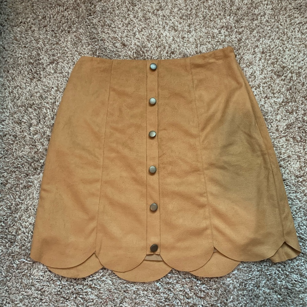 Tan suede scalloped button down mini skirt